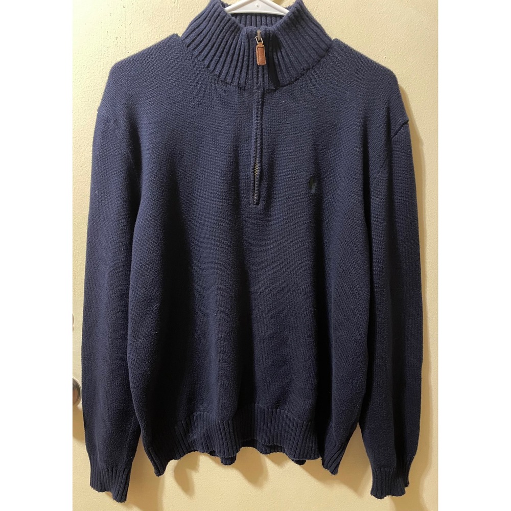 Polo Ralph Lauren Mens Navy Blue 100% Cotton Quarter Zip Sweater Large Pony Logo